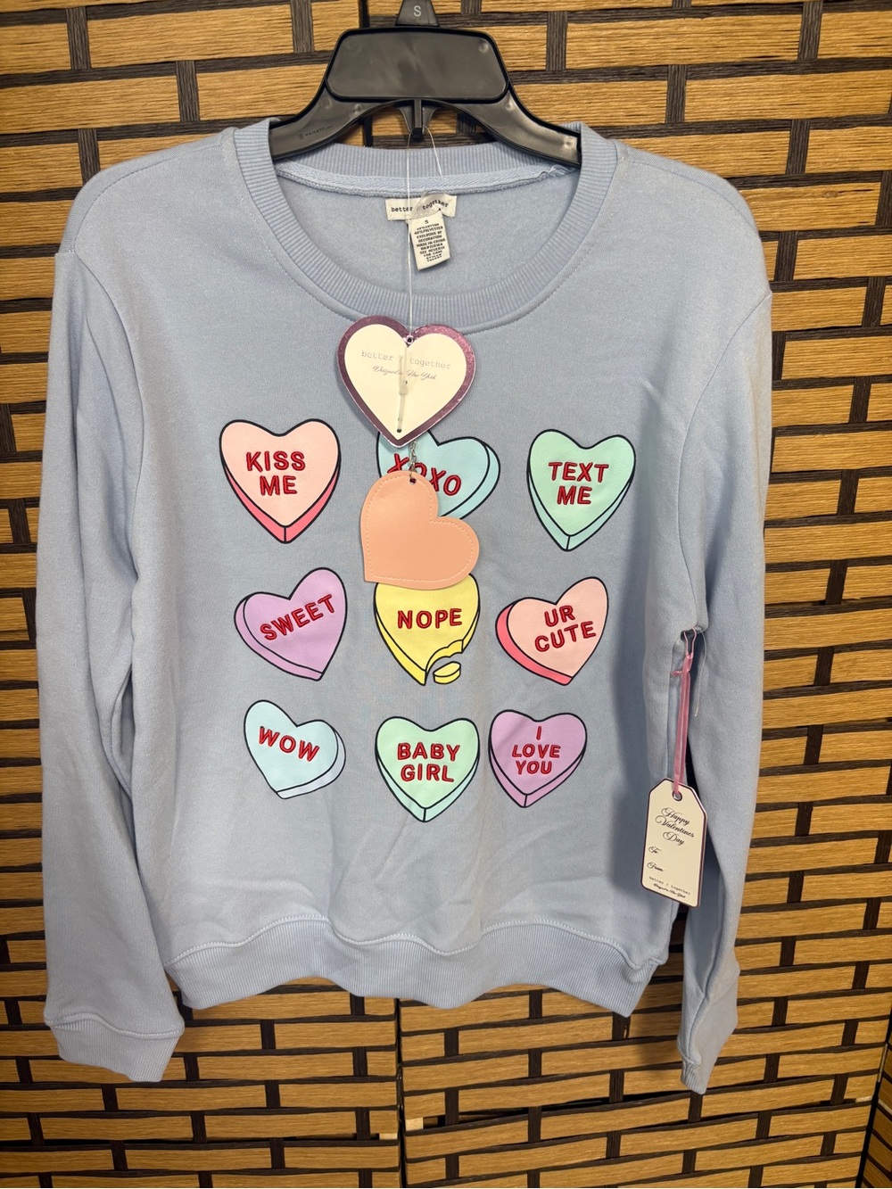 Better together blue Valentine’s Day candy heart sweatshirt size small